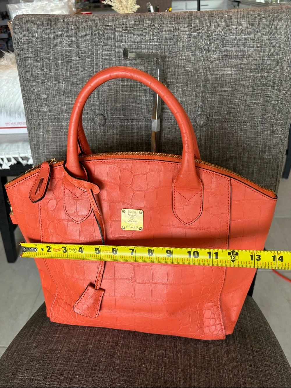Mcm Orange Croc-Embossed Leather Tote Bag